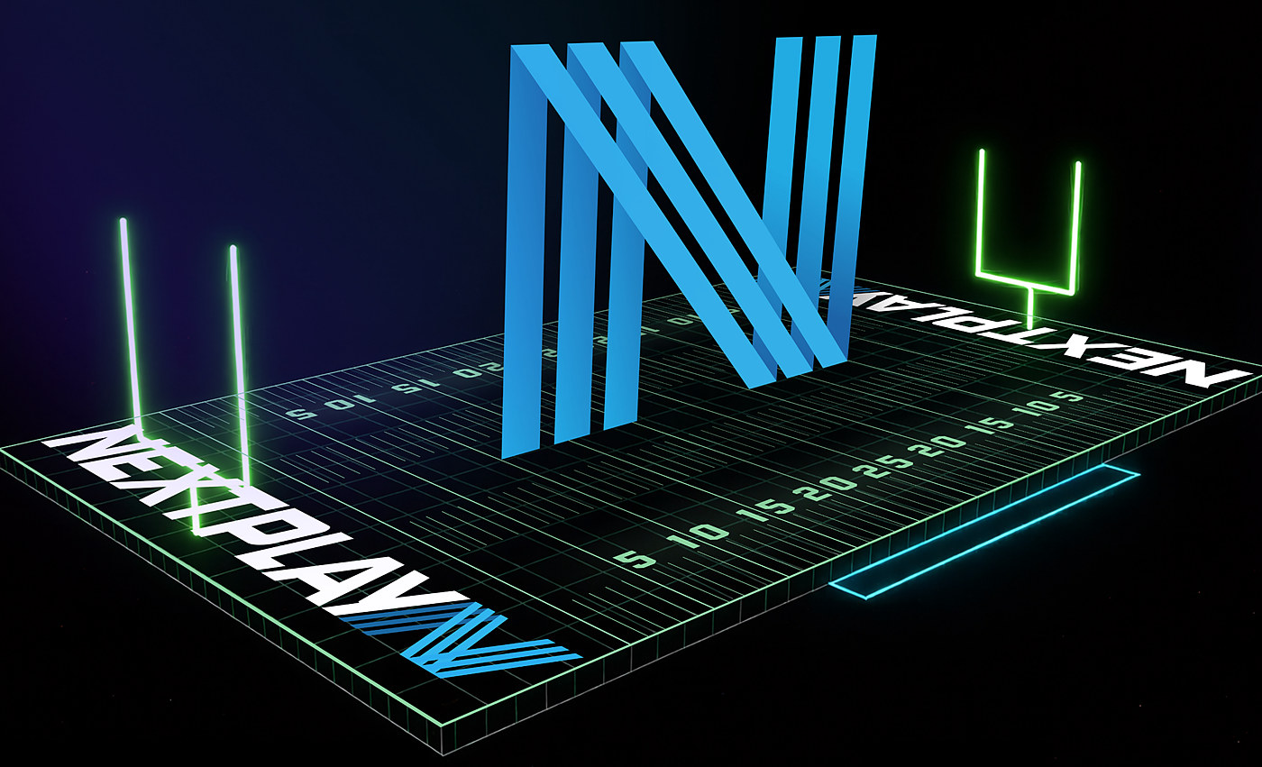 A 3D rendering of the NEXTPlay arena field, with glowing goalposts at each end and a large N logo standing at midfield
