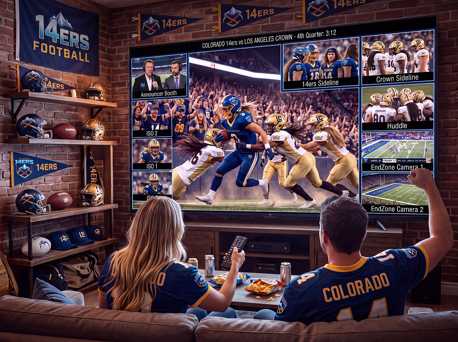 Two fans in Colorado jerseys watch a 14ers game at home on a big screen split into camera feeds: announcer booth, sideline cams, huddle and two end-zone cameras
